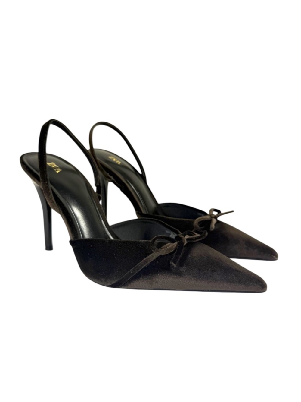 ZARA Velvet Bow Slingback Heels in Brown Size 40